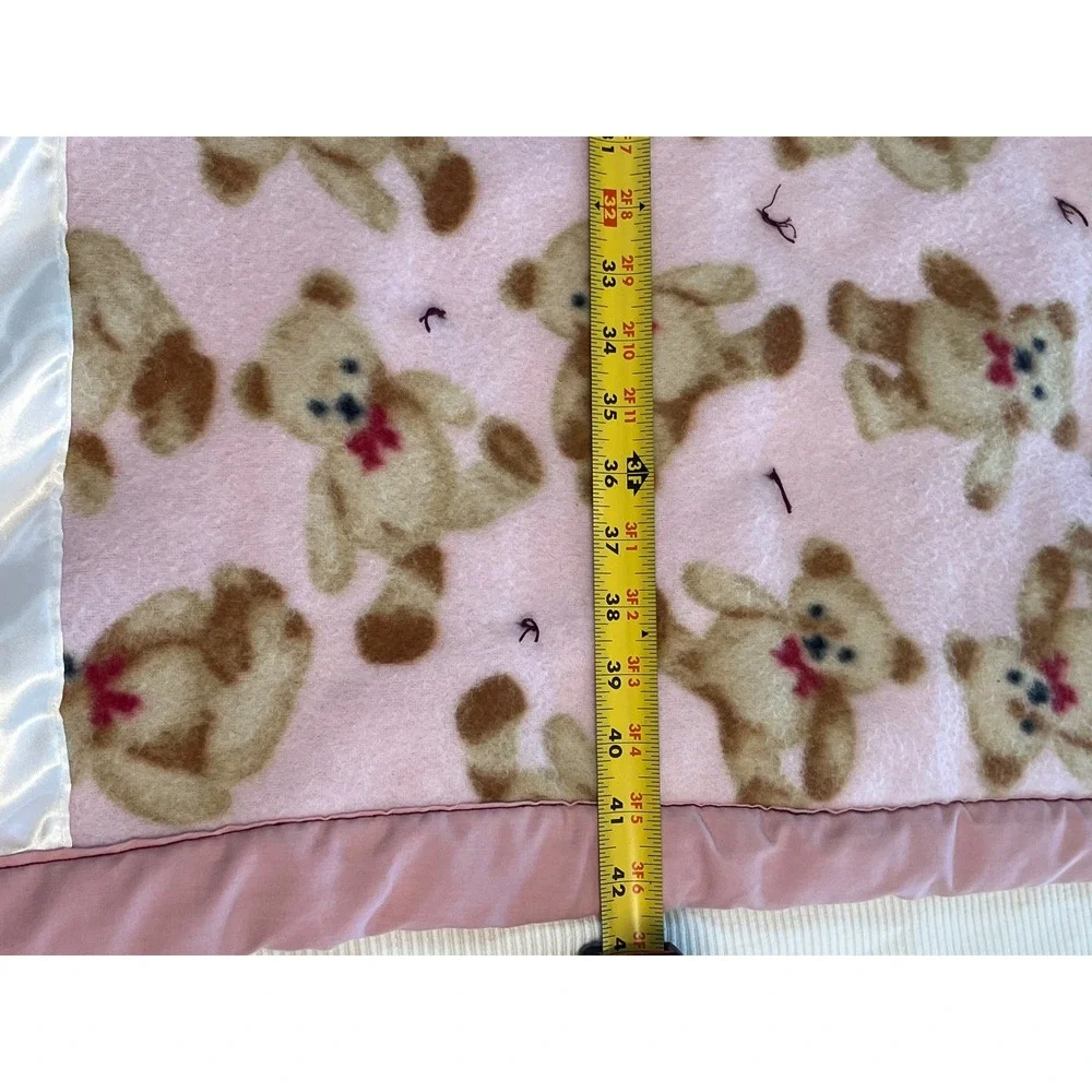 Vintage Pink Teddy Bear Baby Blanket Satin Trim Quilted Border Fleece 33x42